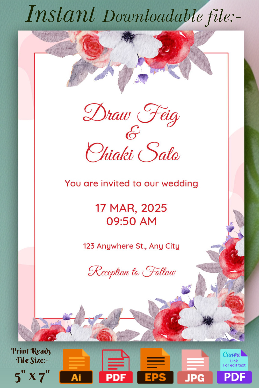 Image with wonderful wedding invitation in pink colors and flowers.