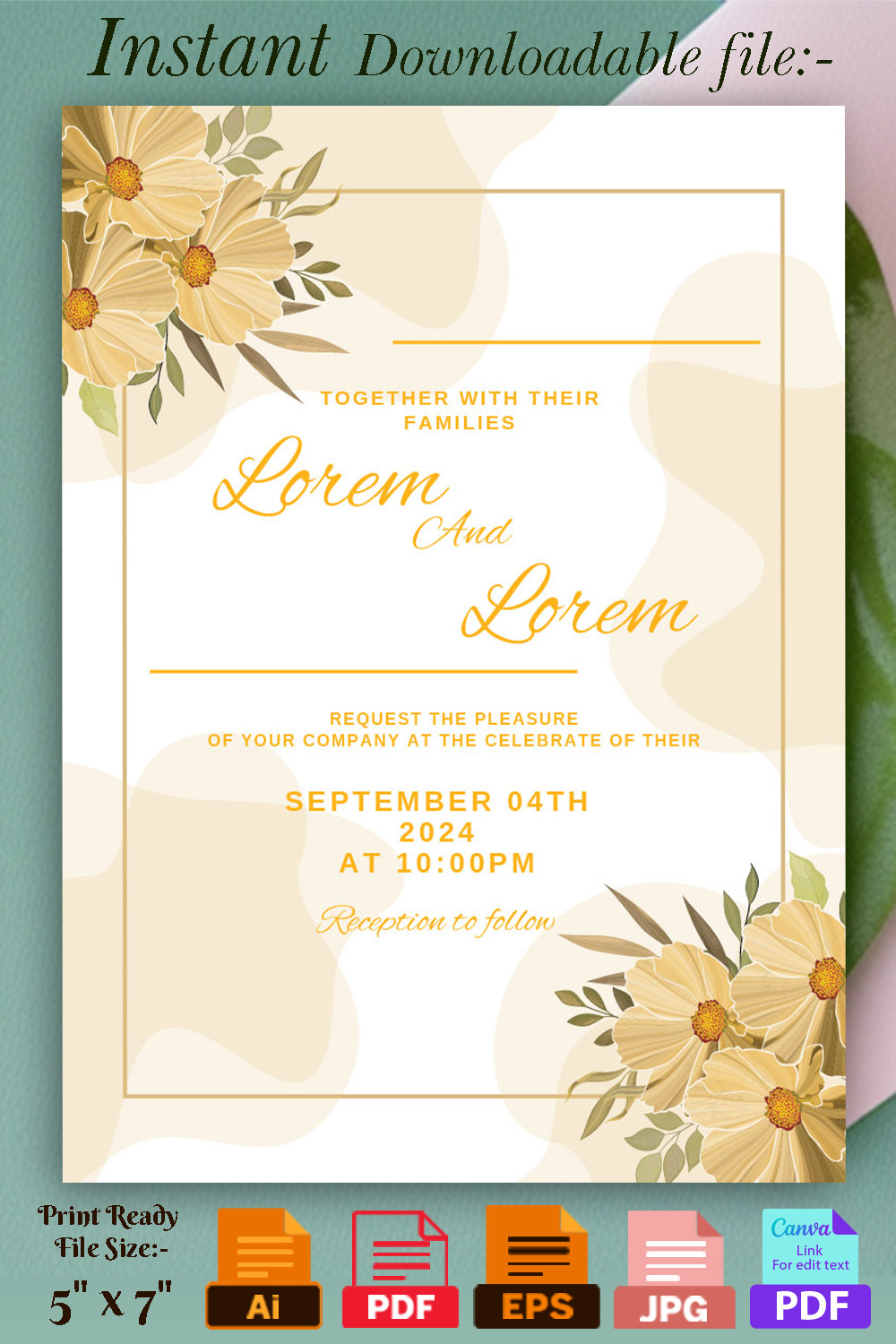 Image with amazing wedding invitation in yellow colors and flowers.