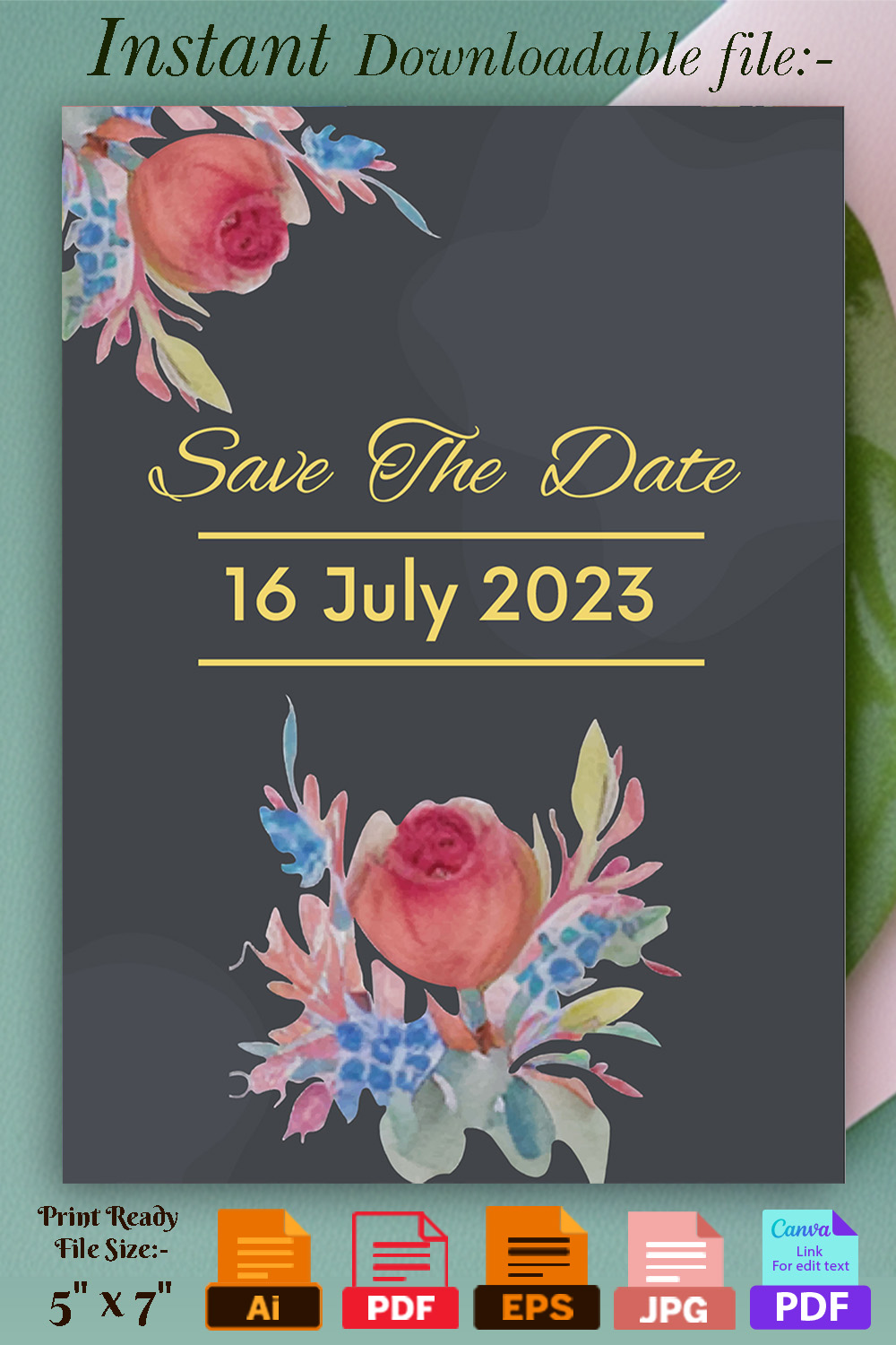Image with unique wedding invitation card with flowers.