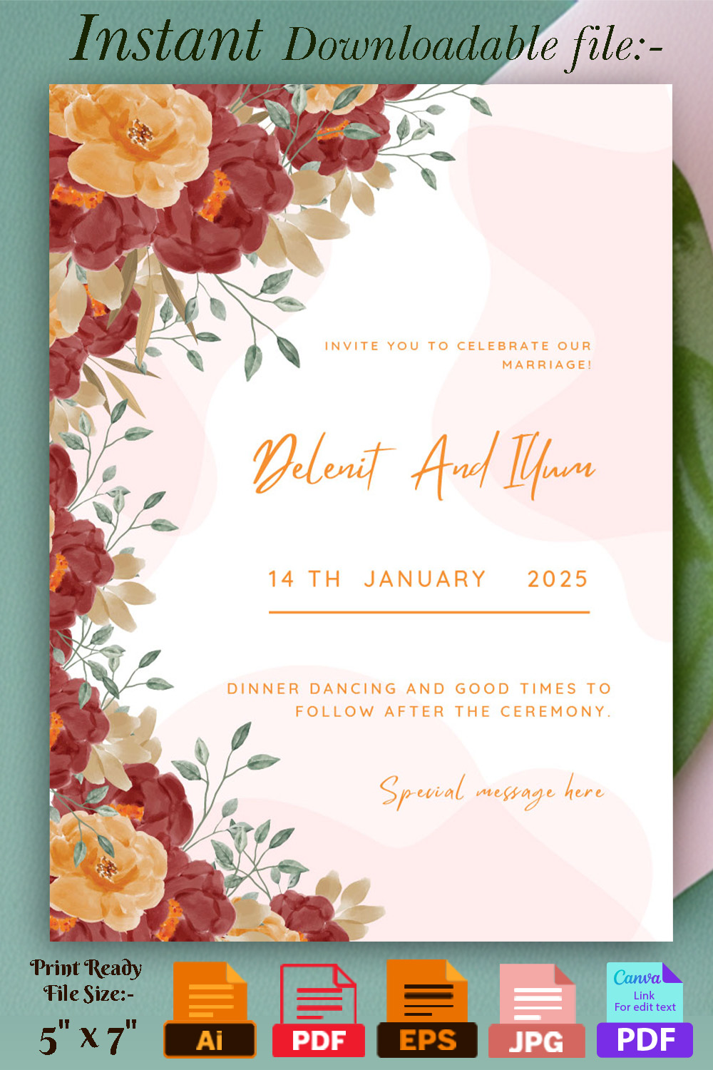 Image of gorgeous wedding invitation card in pink colors and flowers.