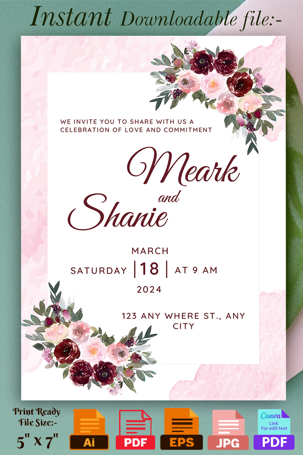 Image with amazing wedding invitation in pink tone and flowers.