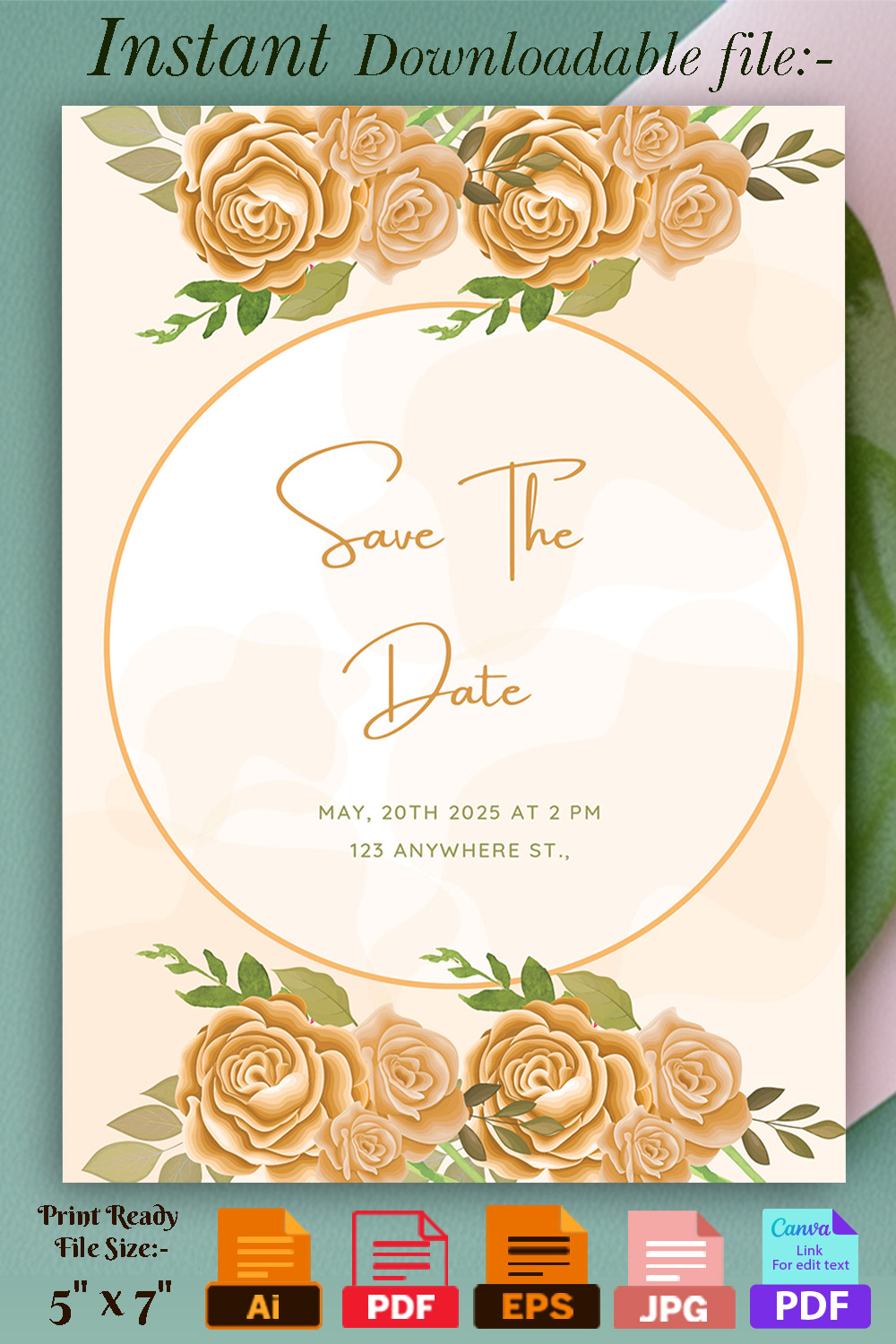 Image with irresistible wedding invitation card with golden roses and leaves.