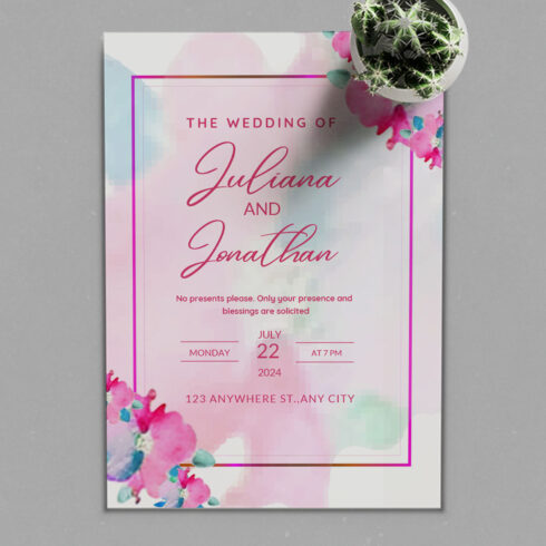 Wedding Invitation Pink Watercolour Floral Background - main image preview.