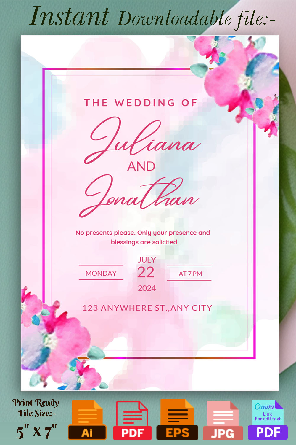 Wedding Invitation Pink Watercolour Floral Background - pinterest image preview.