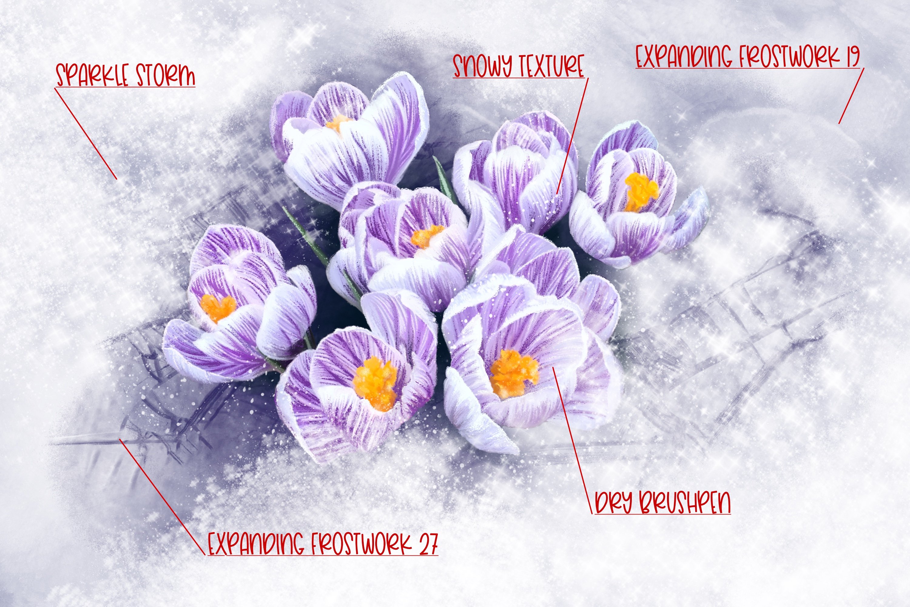 Snowy flowers made with brushes.
