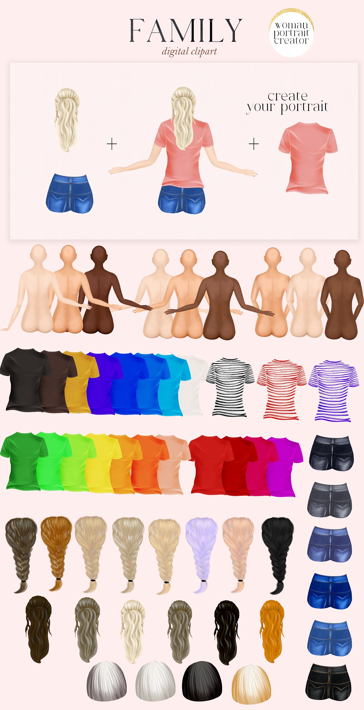 Woman set of body in different skin tones, clothes and hairstyles.
