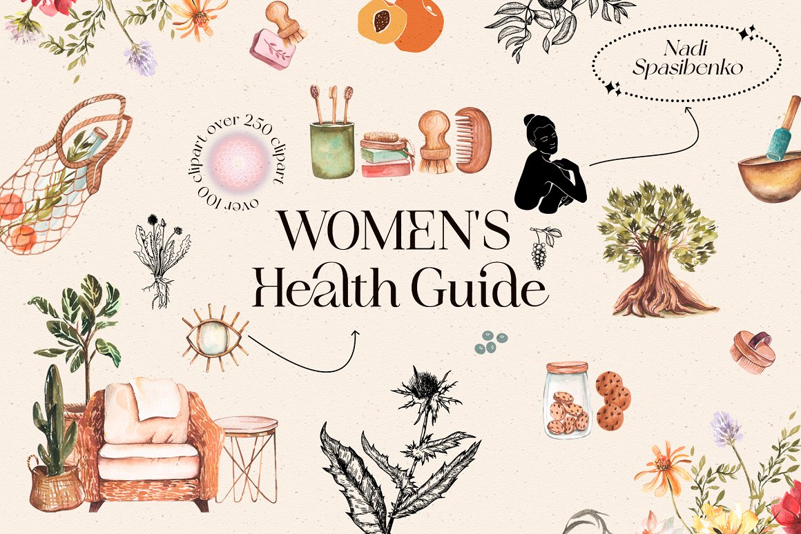 Black lettering "Women's Health Guide" and different illustrations on a beige background.