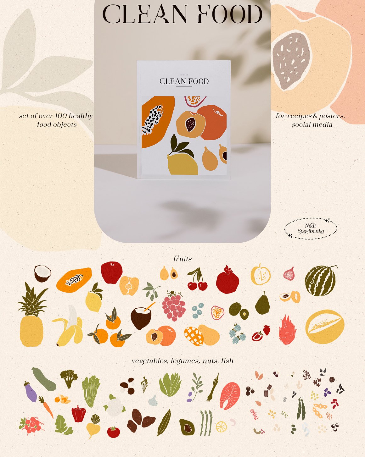 Collection of different illustrations of fruits, vegetables, legumes, nuts and fish.