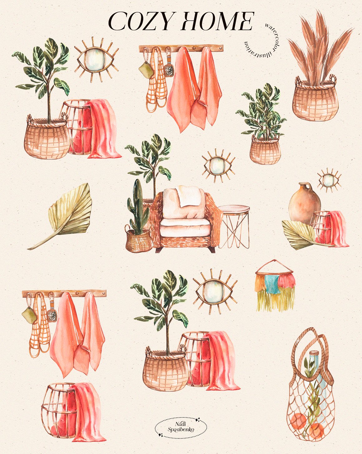 Pretty illustrations of different elements of furniture and decor.