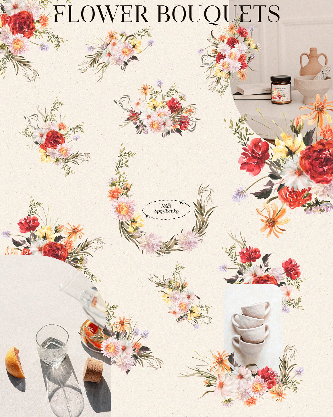 12 different watercolor flower bouquets on a beige background.