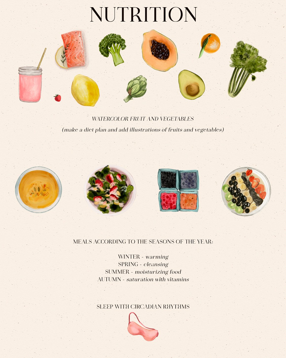 Black lettering "Nutrition" and different watercolor illustrations of fruits, meals and vegetables.