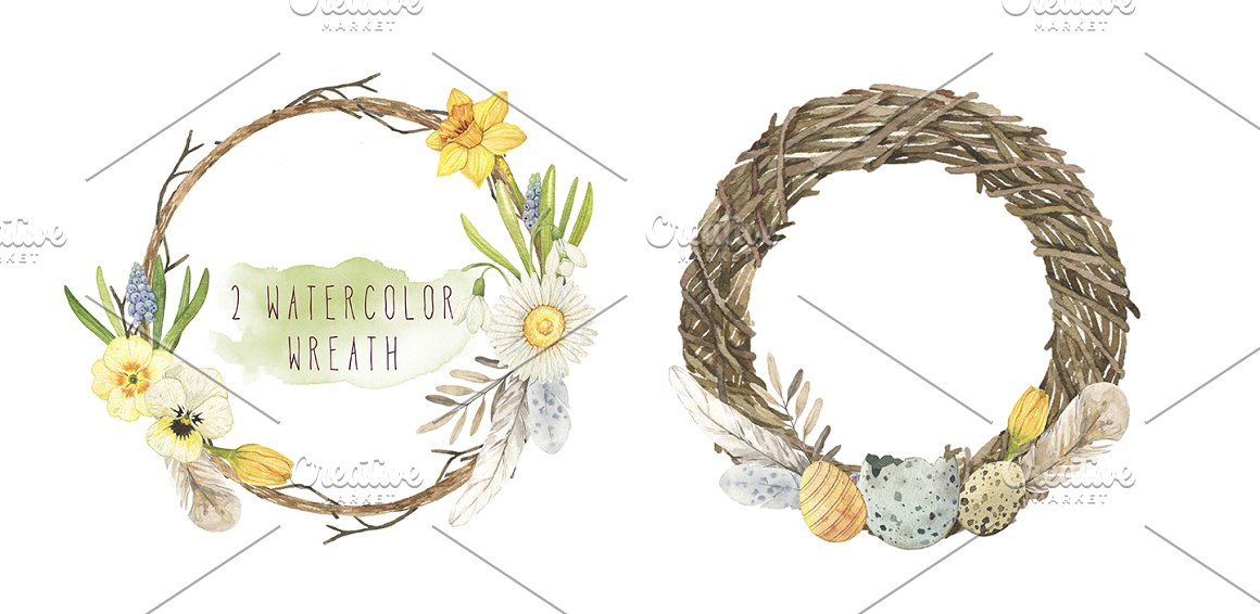 2 wreaths with easter elements - eggs and flowers on a white background.