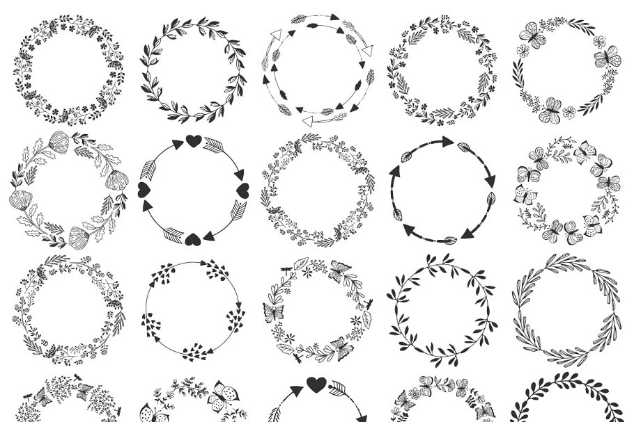Outlined wreaths in minimalistic style.