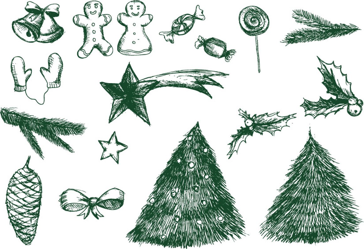 A green set of different christmas elements and christmas trees on a white background.