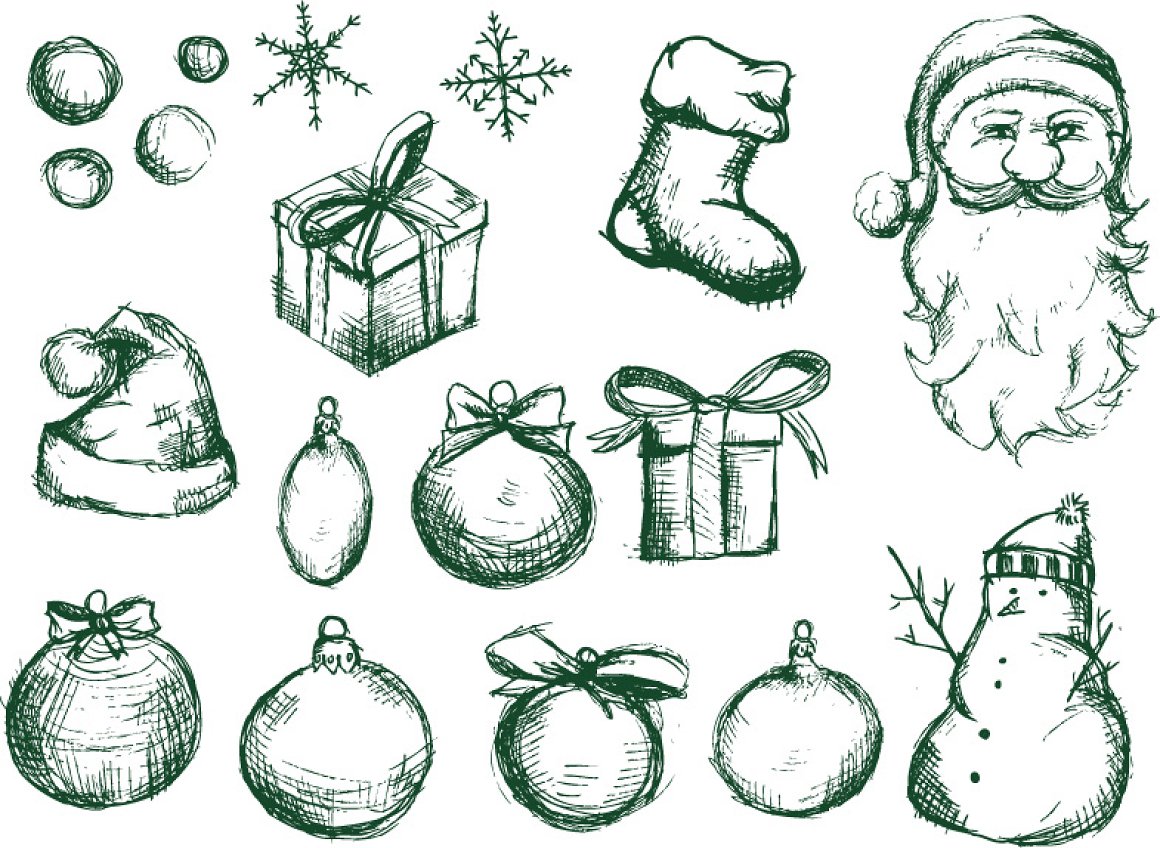 A green set of different christmas elements and characters on a white background.