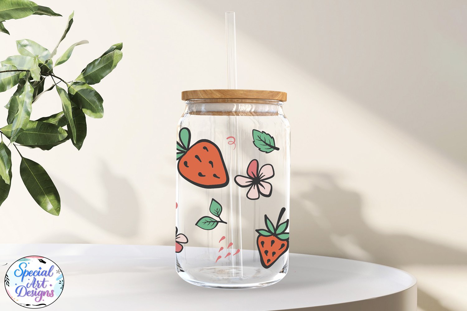 One transparent bottle with the cute strawberry composition.