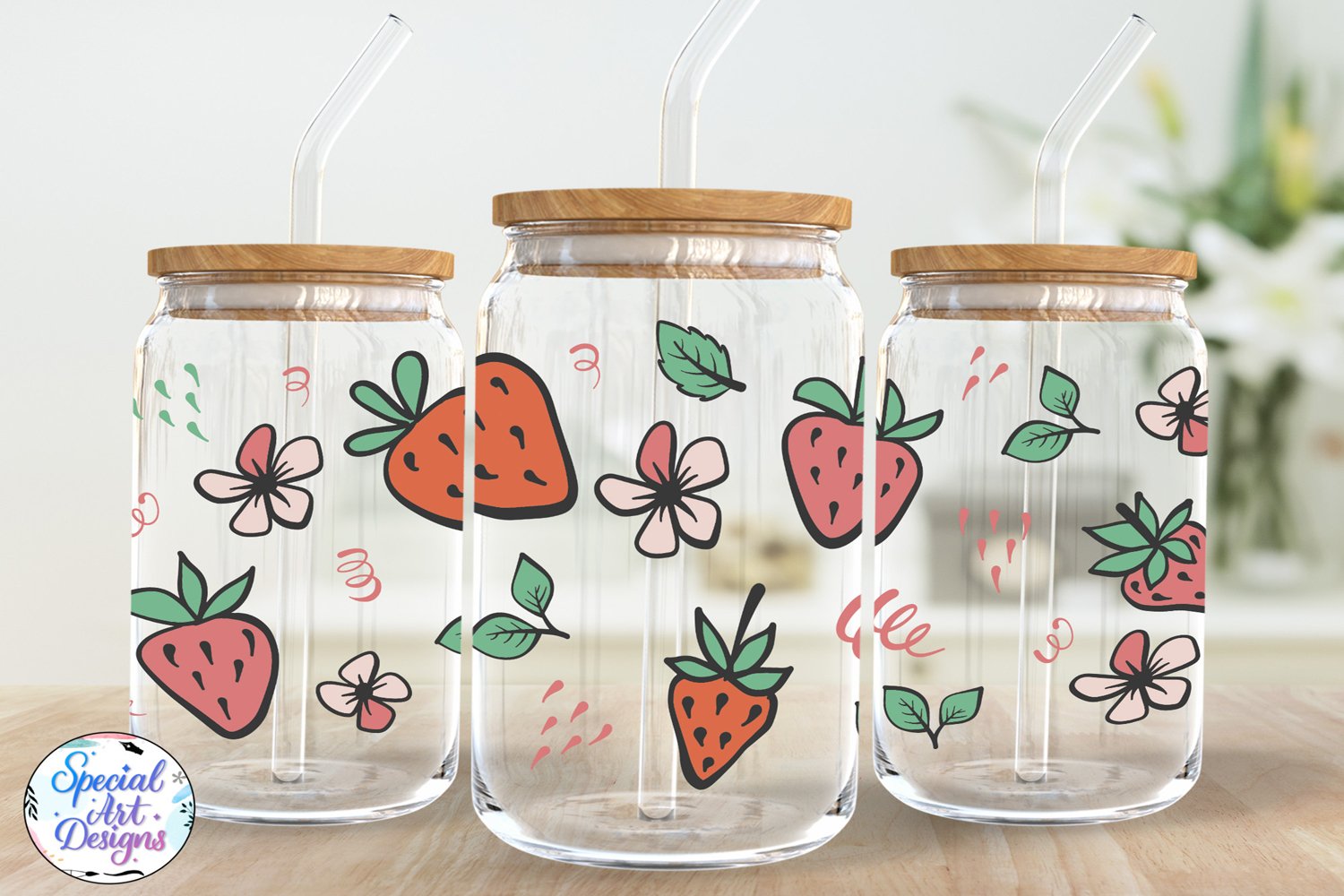 Transparent bottle with the strawberry illustrations.