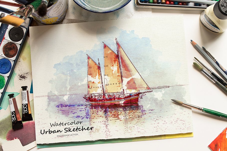 Cover image of Watercolor Urban Sketcher PS Action.