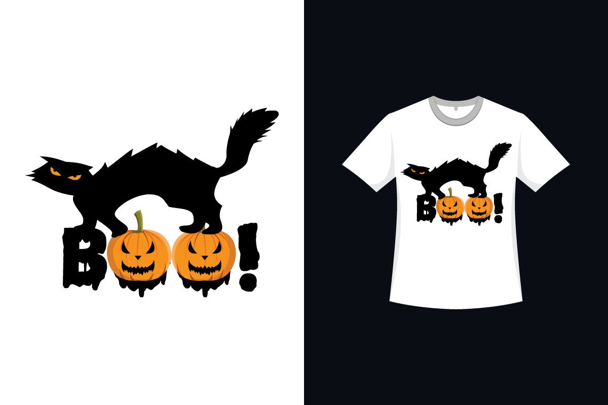 Halloween Cat White T-shirt Design.