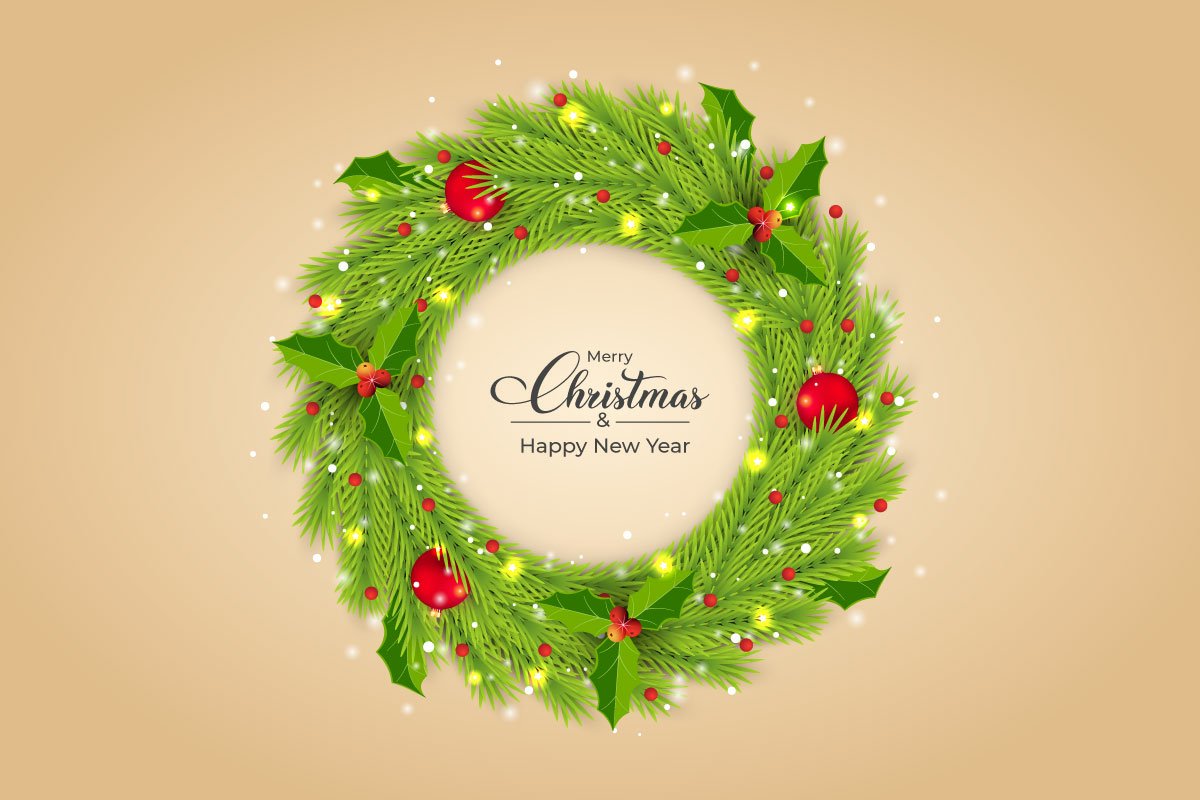 Illustration of christmas green wreath on a beige background.