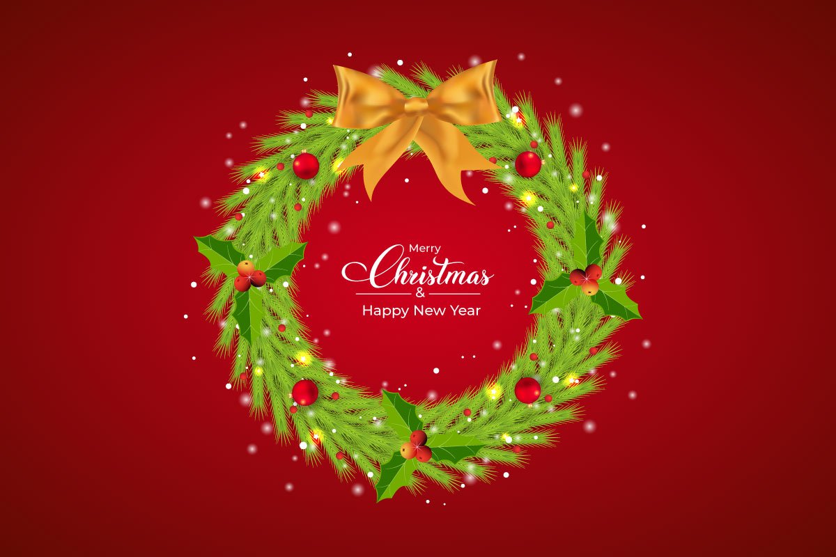 White lettering in the centre of christmas green wreath with golden ribbon on a red background.