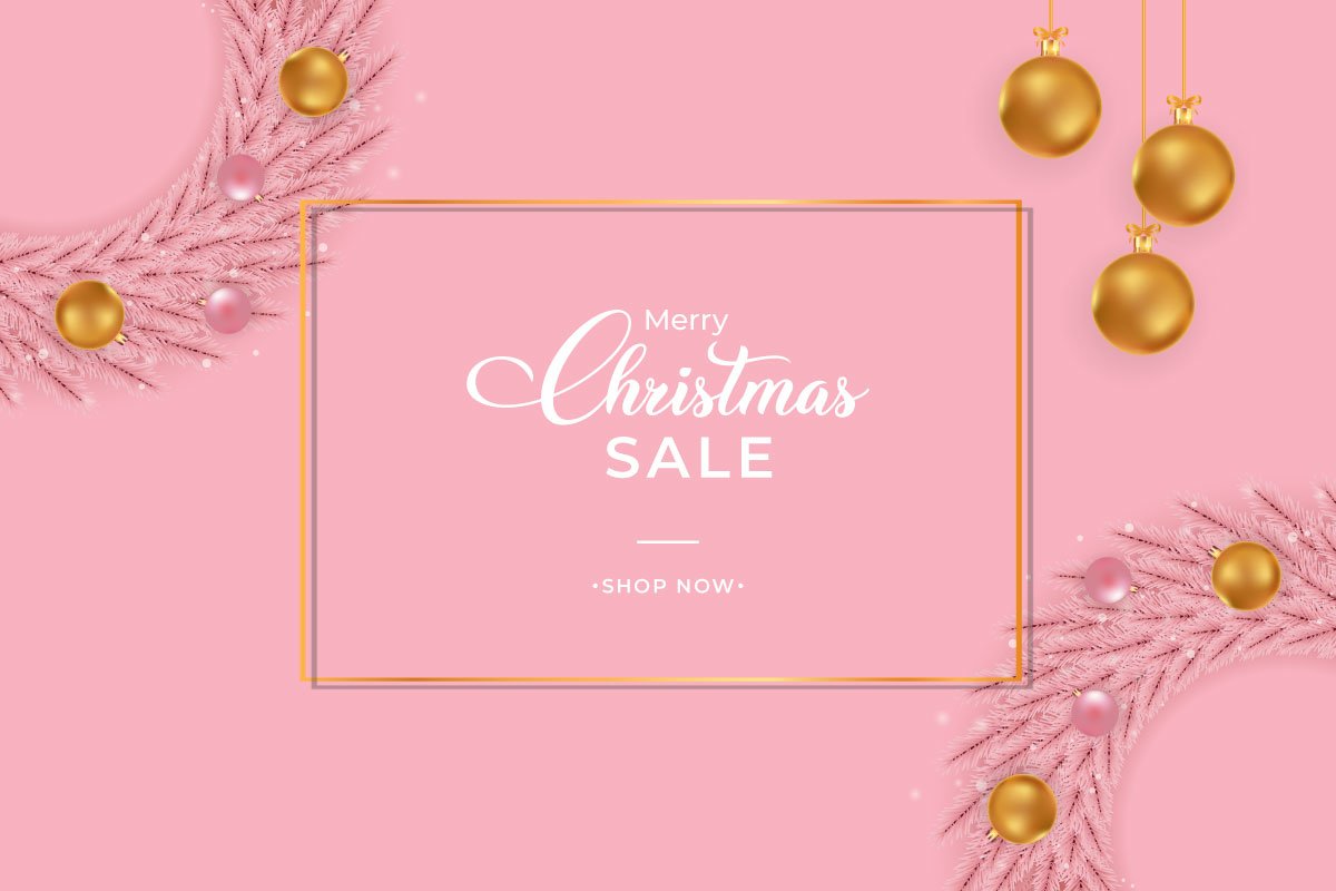 White lettering "Merry Christmas Sale" on a pink background in golden frame.