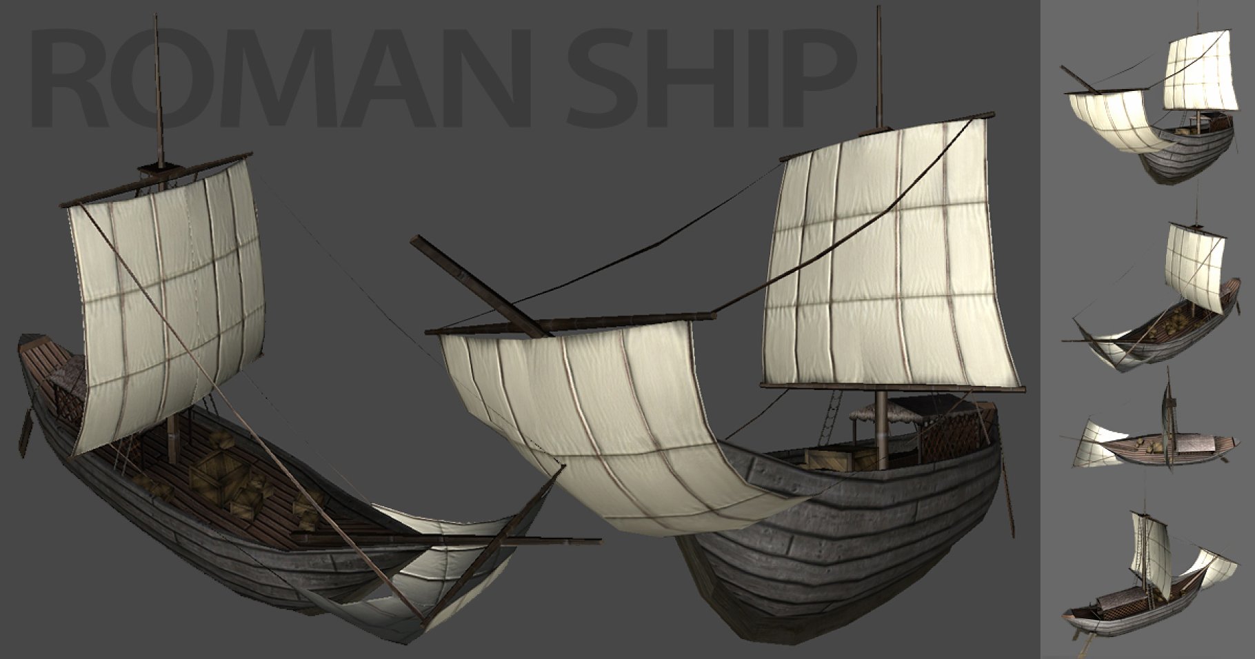 Gray lettering "Roman Ship" and different mockups.