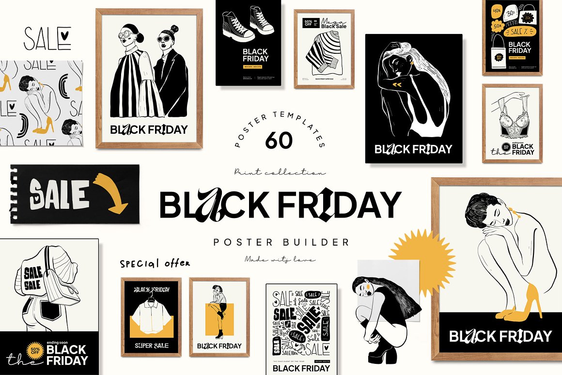 Black lettering "Black Friday" and different posters and banners.