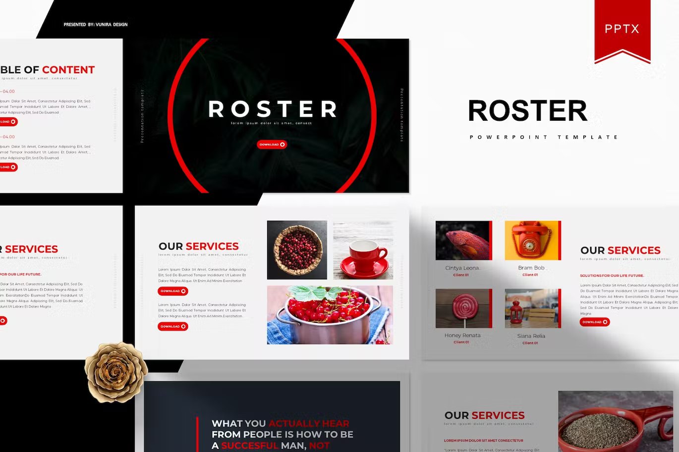 Black lettering "Roster Powerpoint Template" and different templates on a gray background.