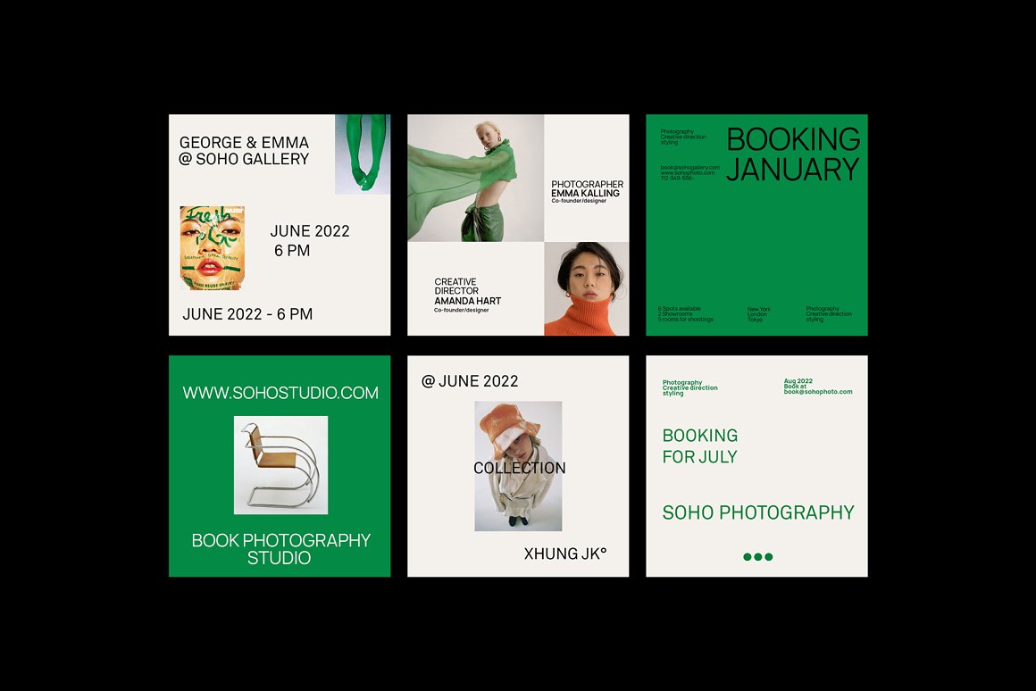 Green and white set of 6 Instagram ecommerce engagement templates on a black background.