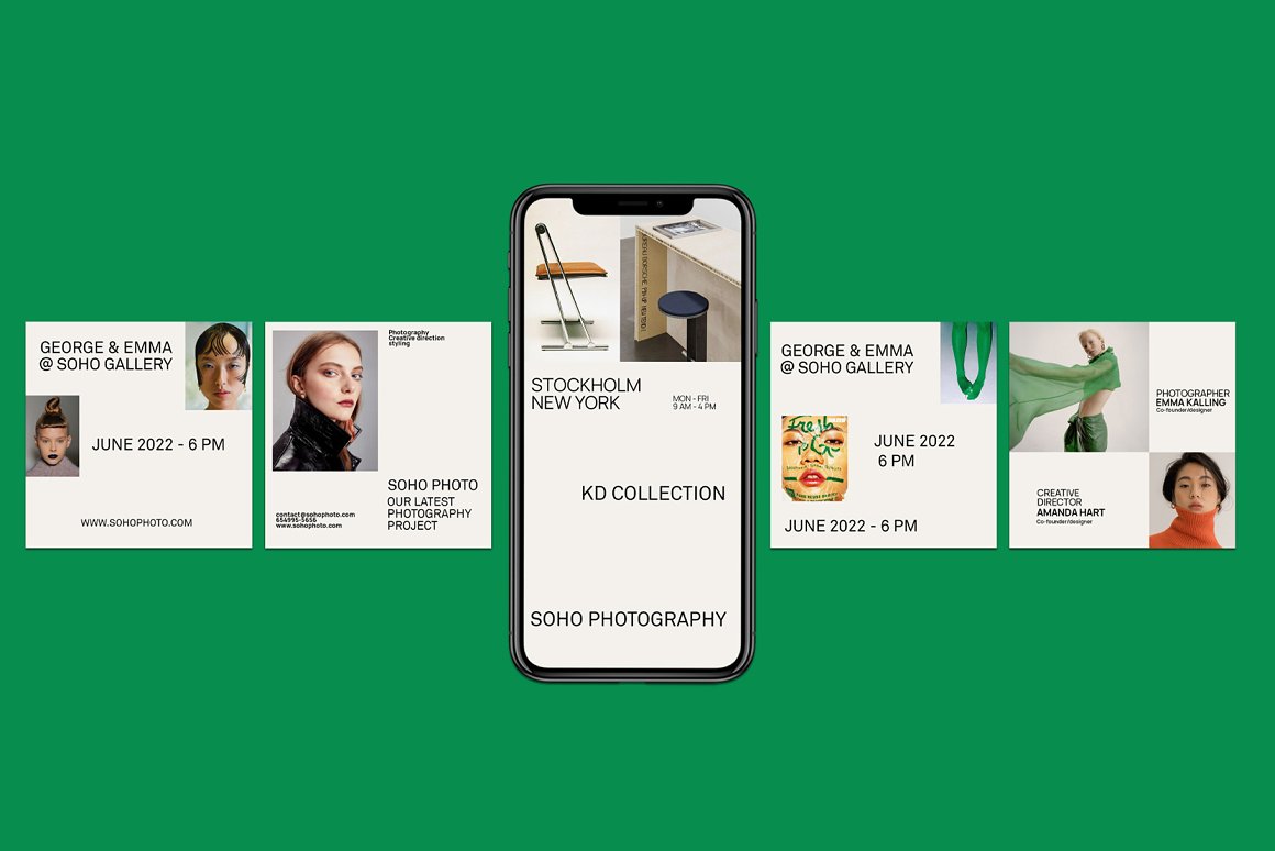 Iphone mockup and different square Instagram templates on a green background.