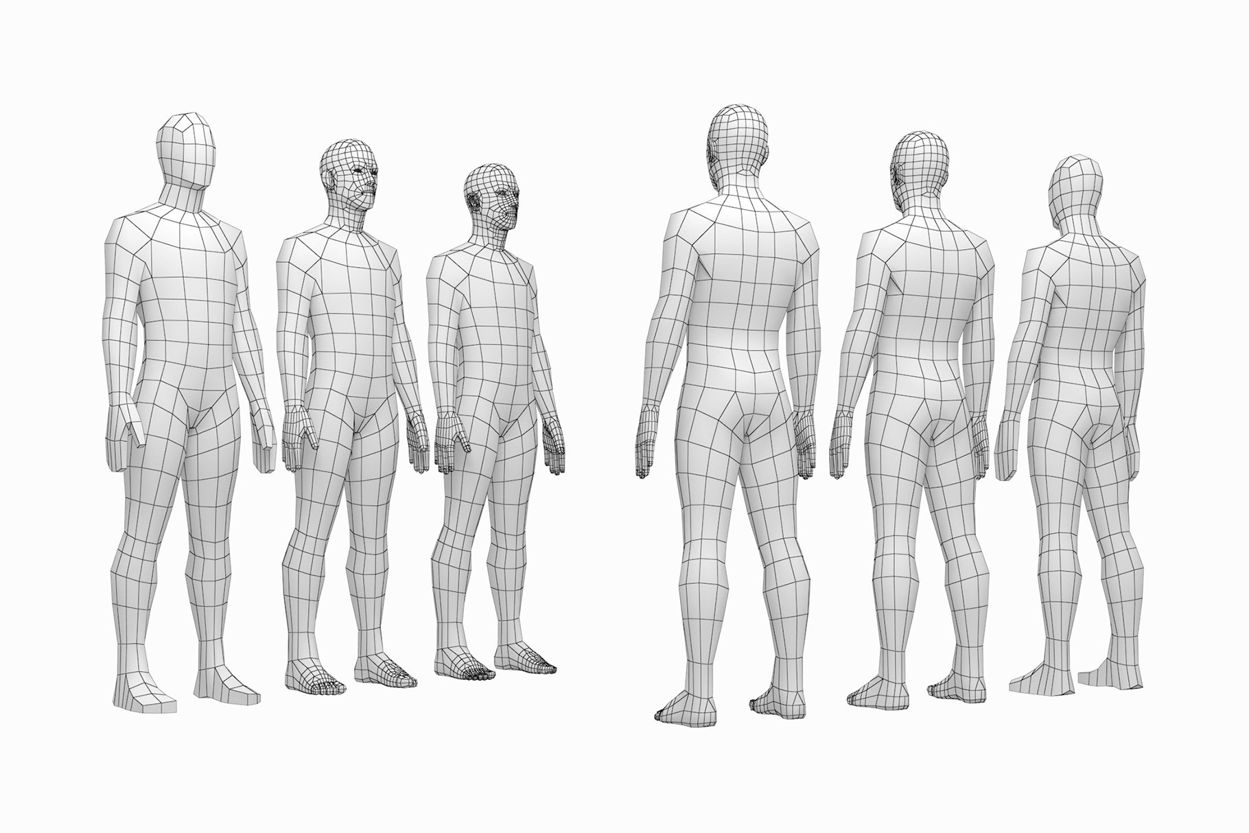 Rendering of a unique low poly 3d model of a male body without textures