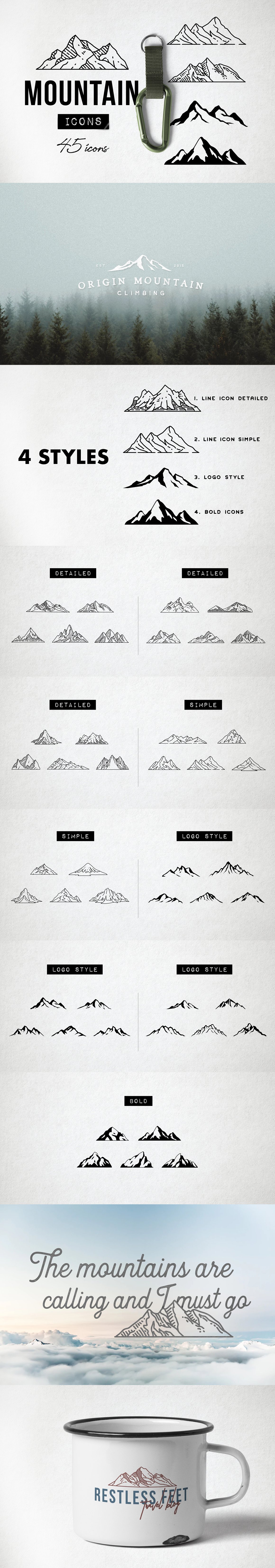 Set of different previews of mountain icon designs.