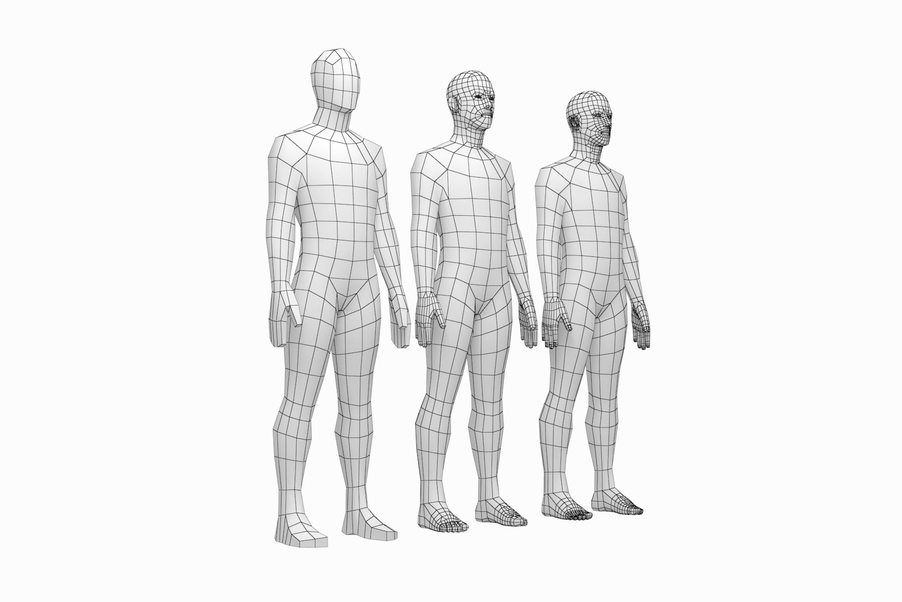 Rendering of an amazing low poly 3d model of a male body without textures