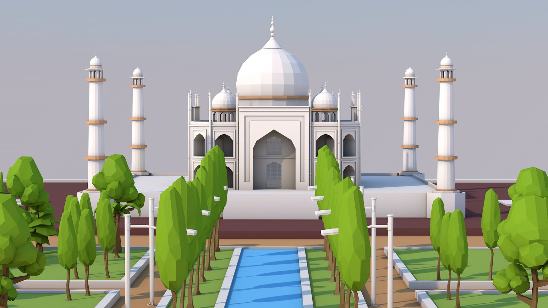 Close-up front mockup of low poly taj mahal landmark.