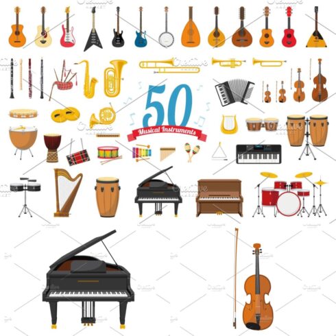 A selection of elegant cartoon images of musical instruments.