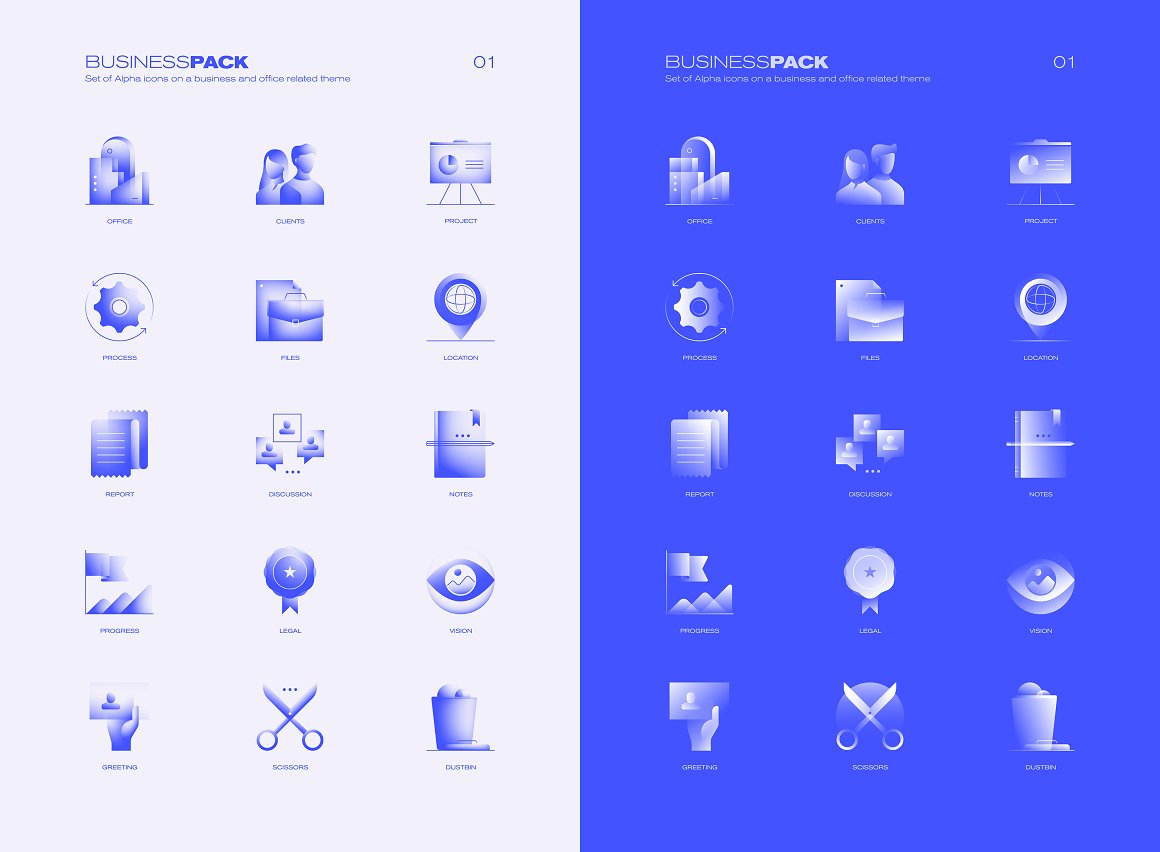Business bundle of 30 alpha gradient icons on a blue-gray background.