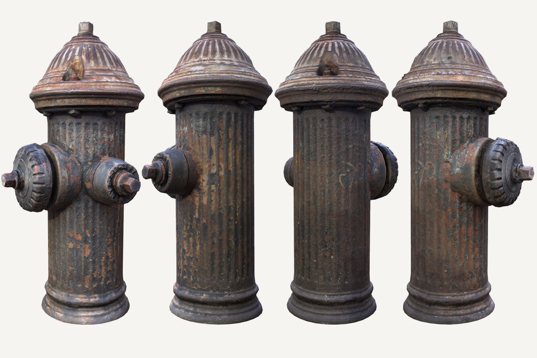 4 fire hydrant lowpoly 3d models on a white background.