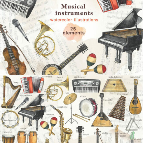 A bundle of beautiful watercolor images of musical instruments.