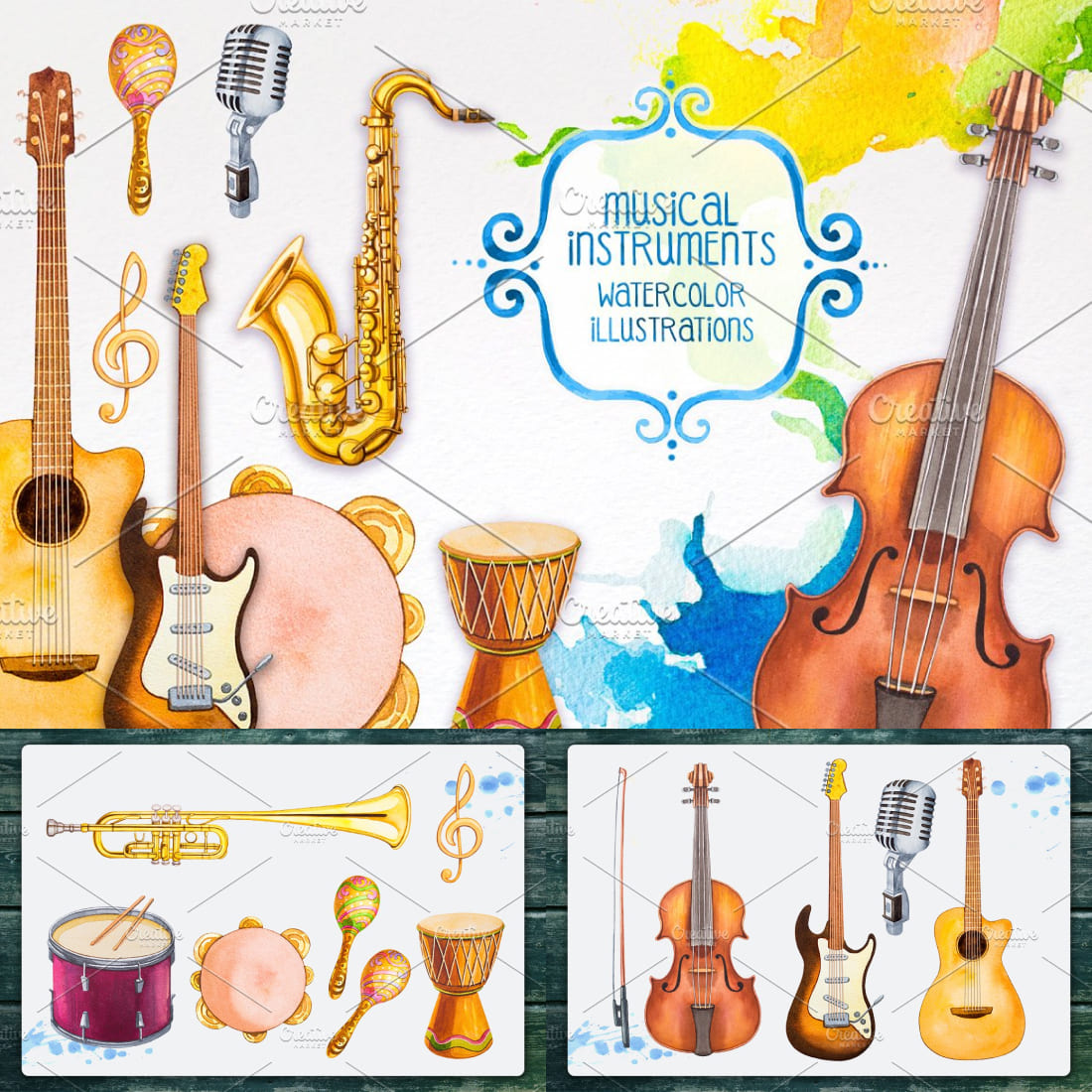 Set of elegant watercolor images of musical instruments.