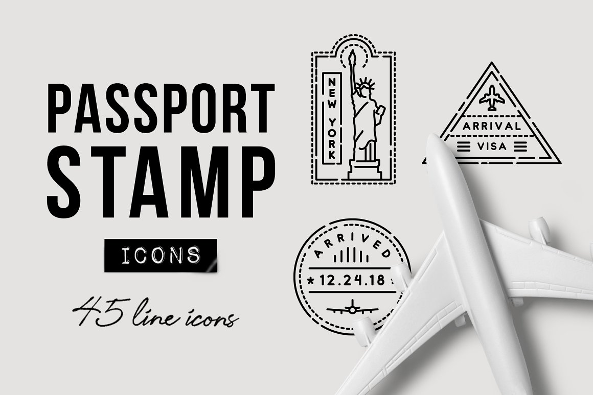 White mockup of plane, black lettering "Passport Stamp" and 3 black icons on a gray background.