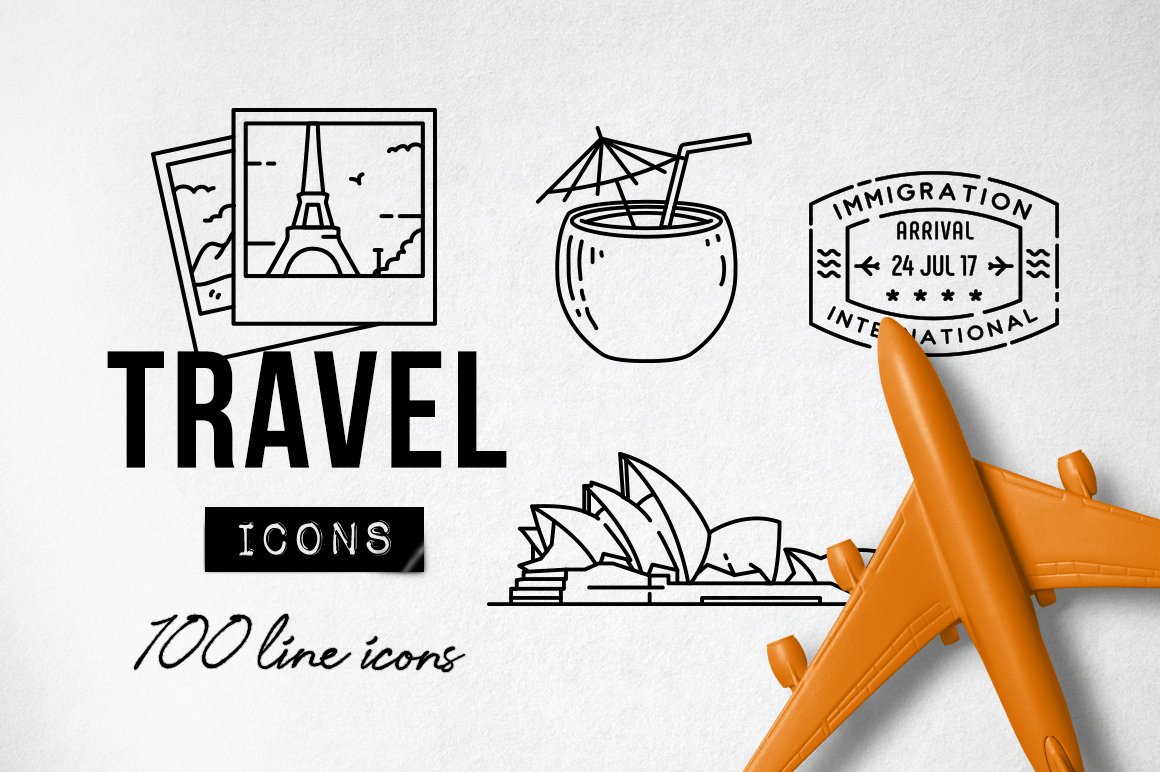 Black lettering "Travel Icons 100 line icons" and 4 black icons with orange mockup of plane on a gray background.