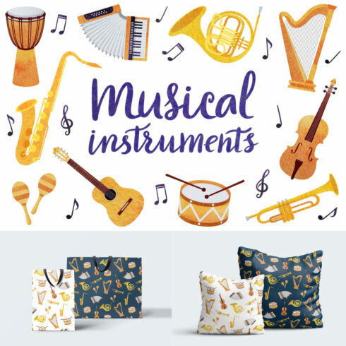 Watercolor Musical Instruments Set.