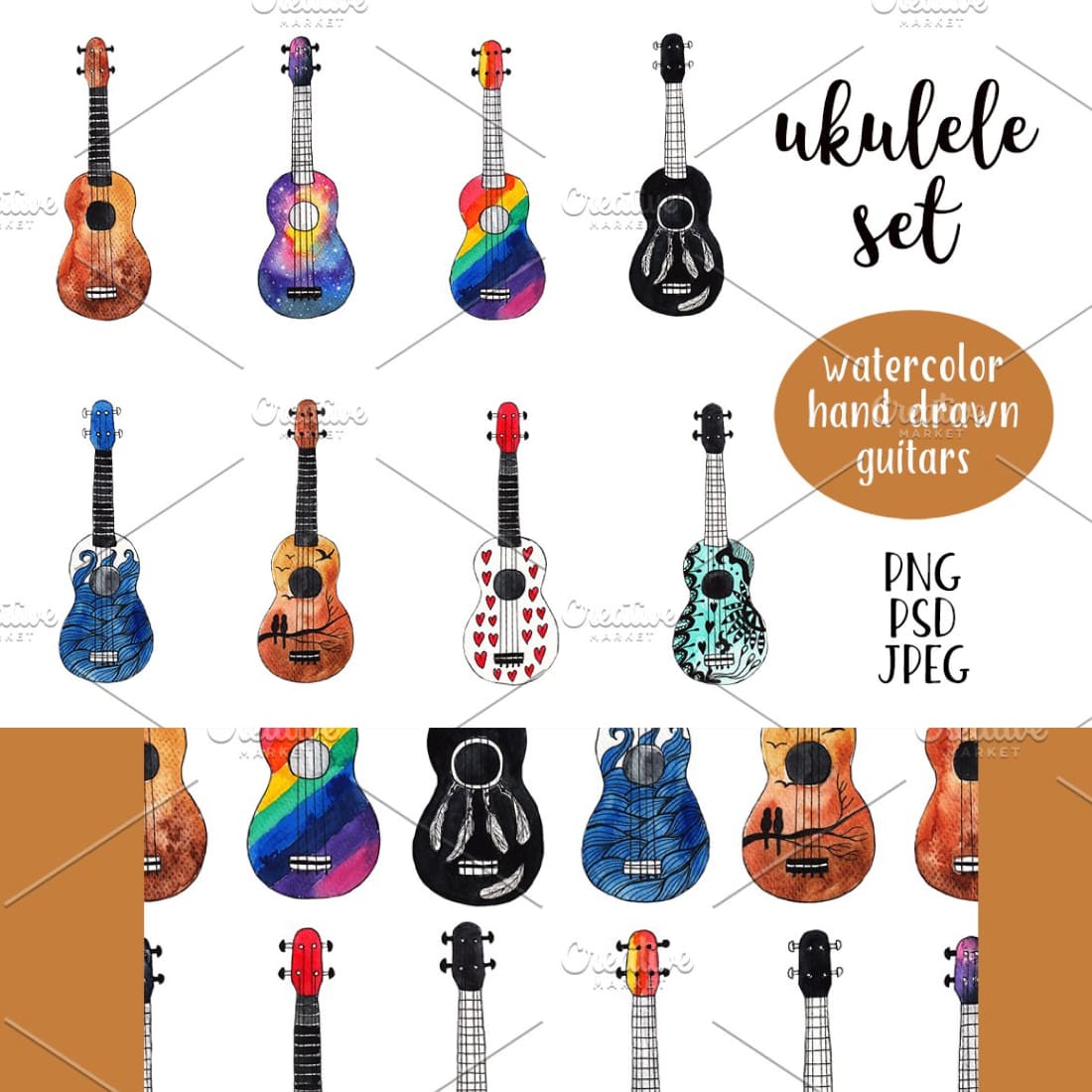 Pack of adorable ukulele watercolor images.