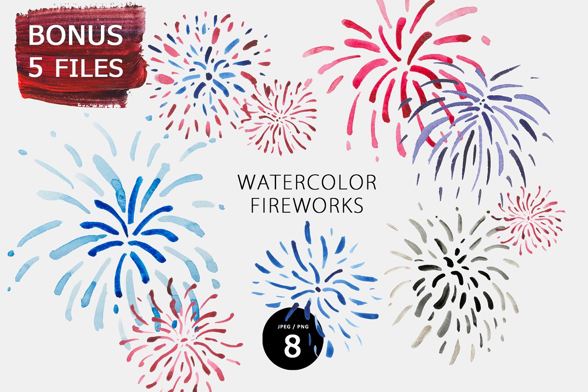 Black lettering "Watercolor Fireworks" and different fireworks on a gray background.