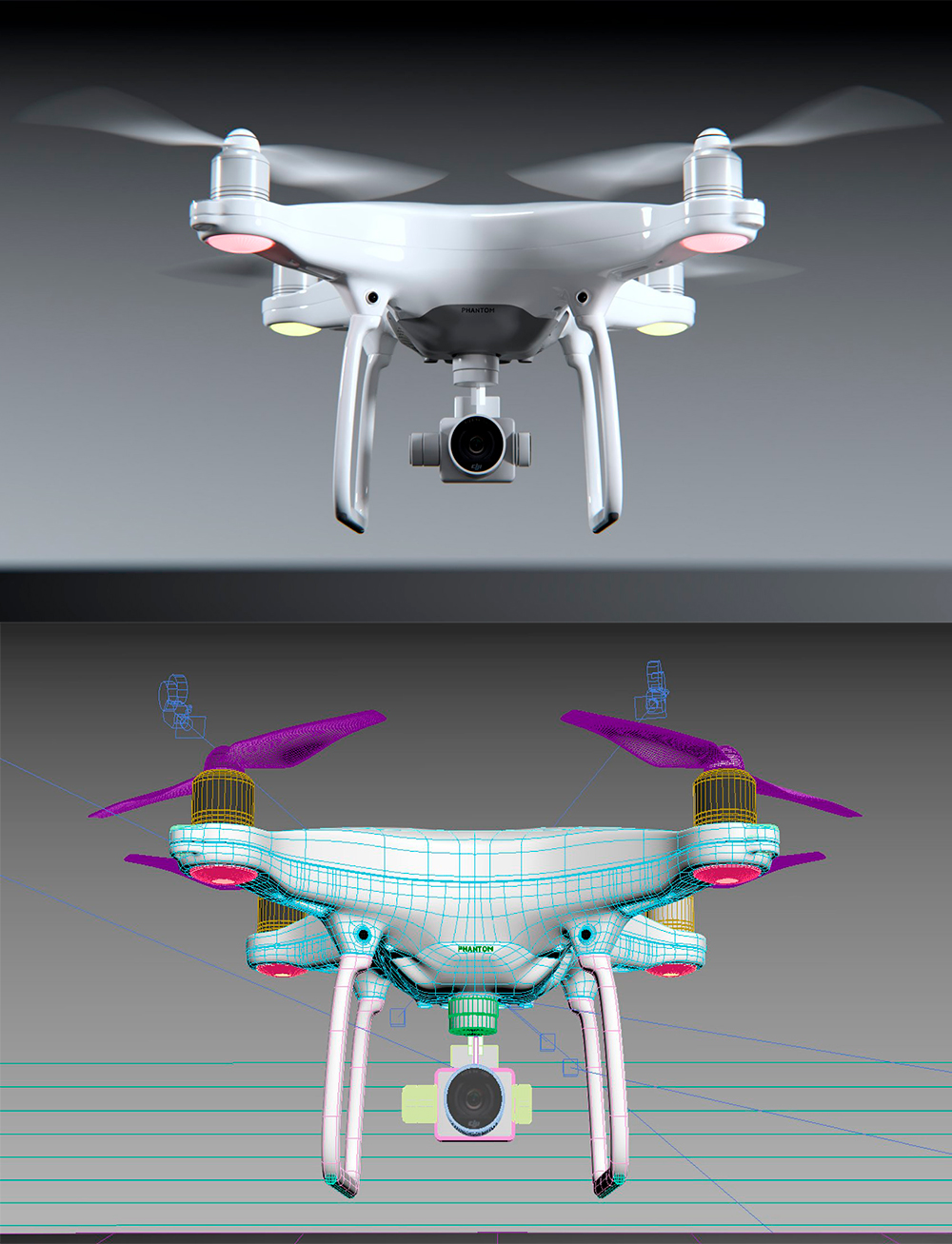 Rendering of a gorgeous 3d model of a white drone dji phantom 4