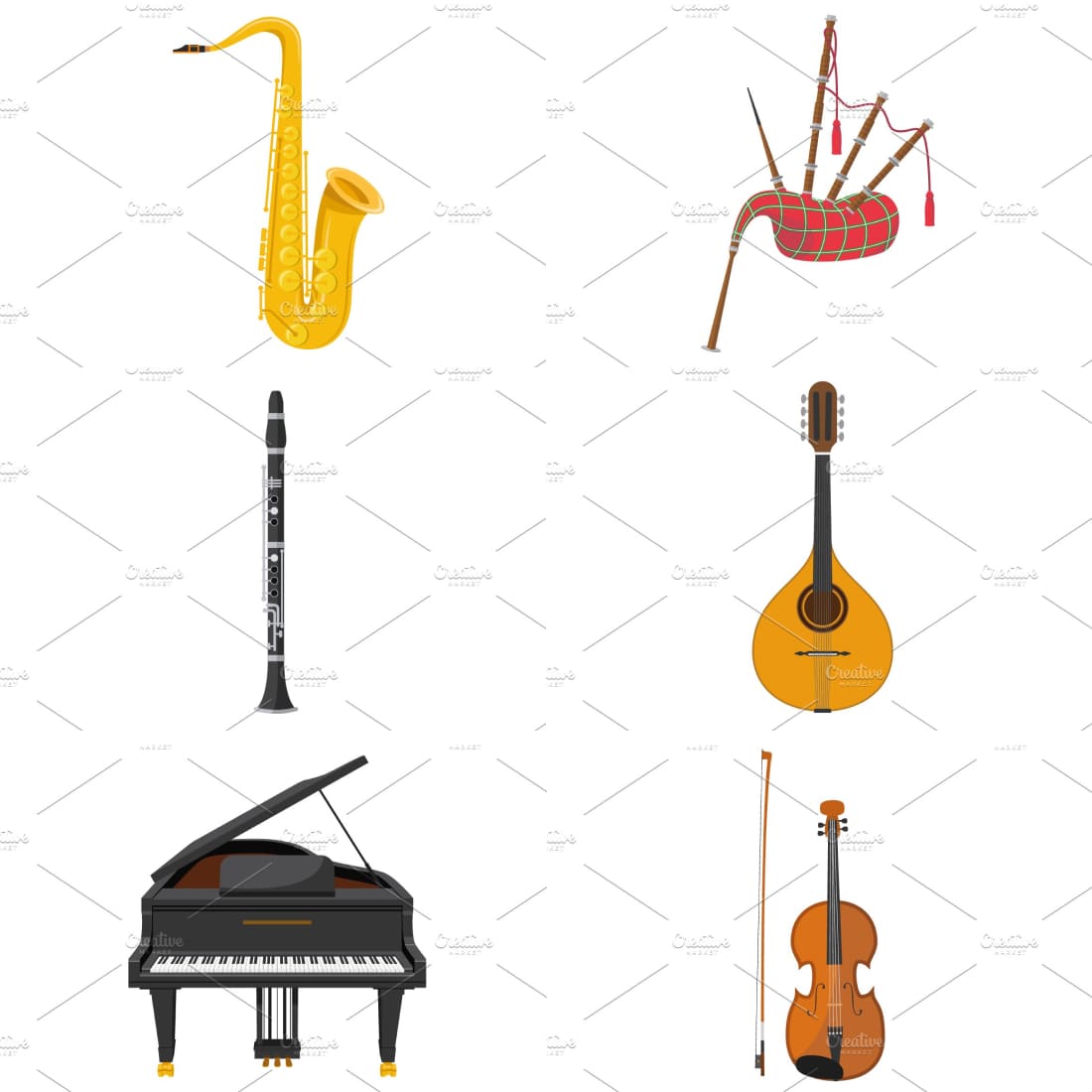 Bundle of gorgeous cartoon images of musical instruments.