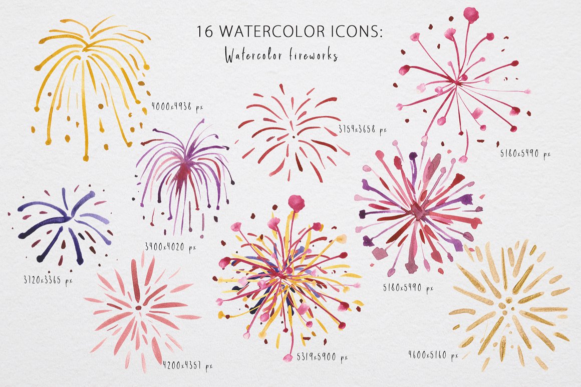 A set of 9 different watercolor icons of fireworks.