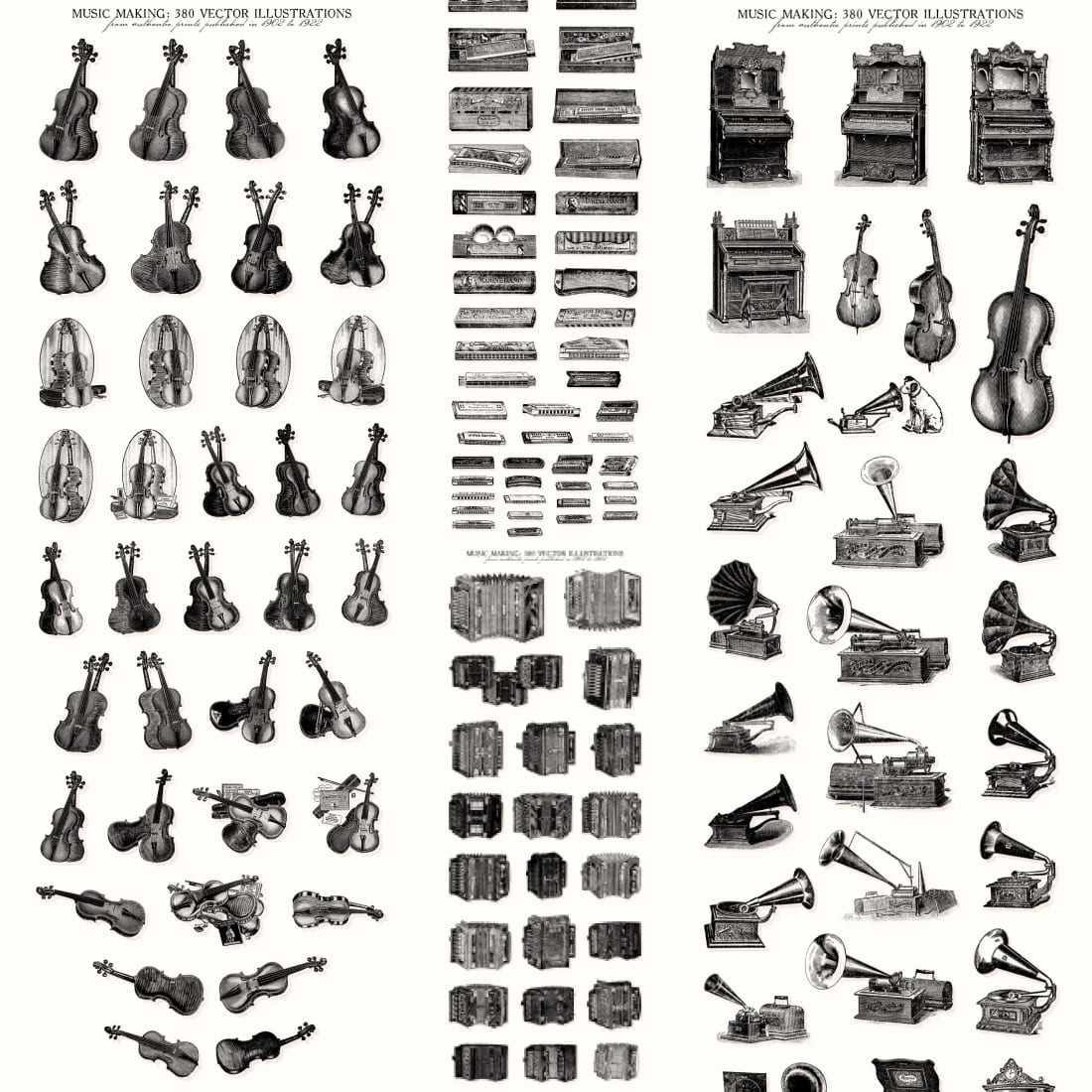 Bundle of amazing images of vintage musical instruments.