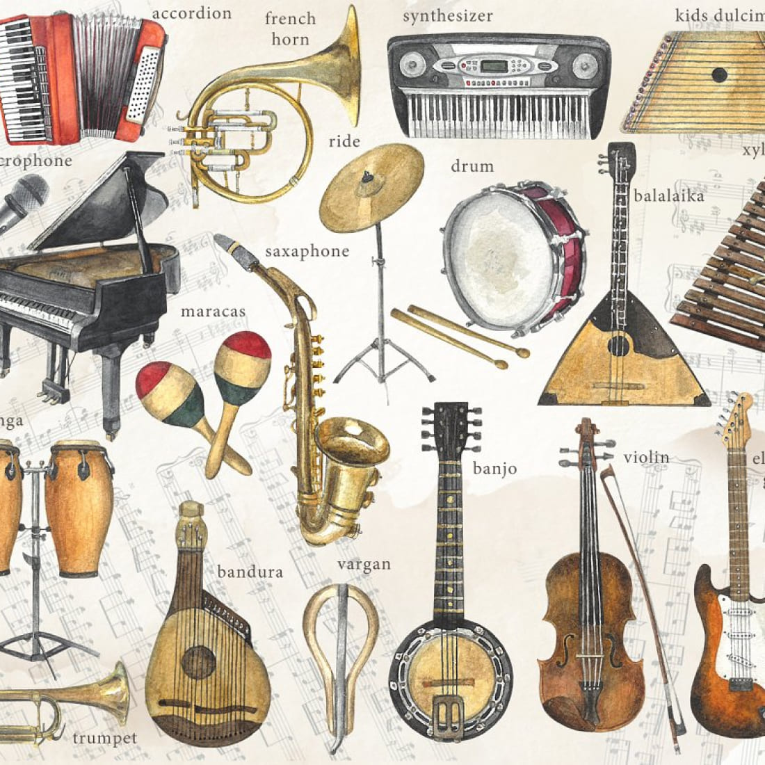 Pack of wonderful watercolor images of musical instruments.